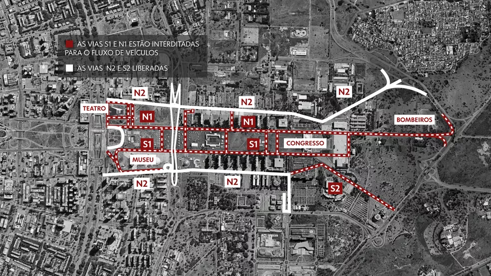 Vias N1 e S1 da Esplanada estão interditadas da Rodoviária do Plano Piloto até acesso à L4 norte e sul. Foto: Arte/TV Globo