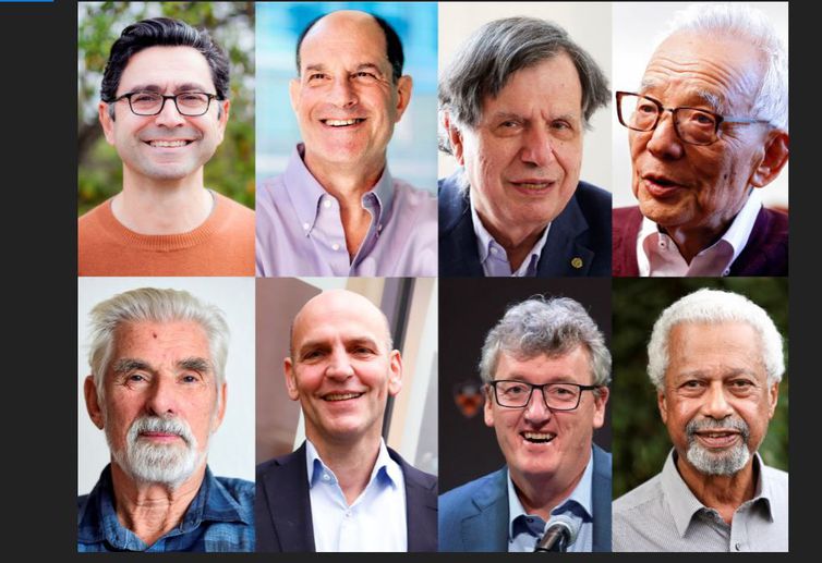 De cima para baixo estão os vencedores do Nobel de 2021. Medicina Ardem Patapoutian e David Julius; os vencedores do Nobel de física Giorgio Parisi, Syukuro Manabe e Klaus Hasselmann; os vencedores do Nobel de química Benjamin List e David MacMillan; e o vencedor do Nobel de literatura Abdulrazak Gurnah/Reuters